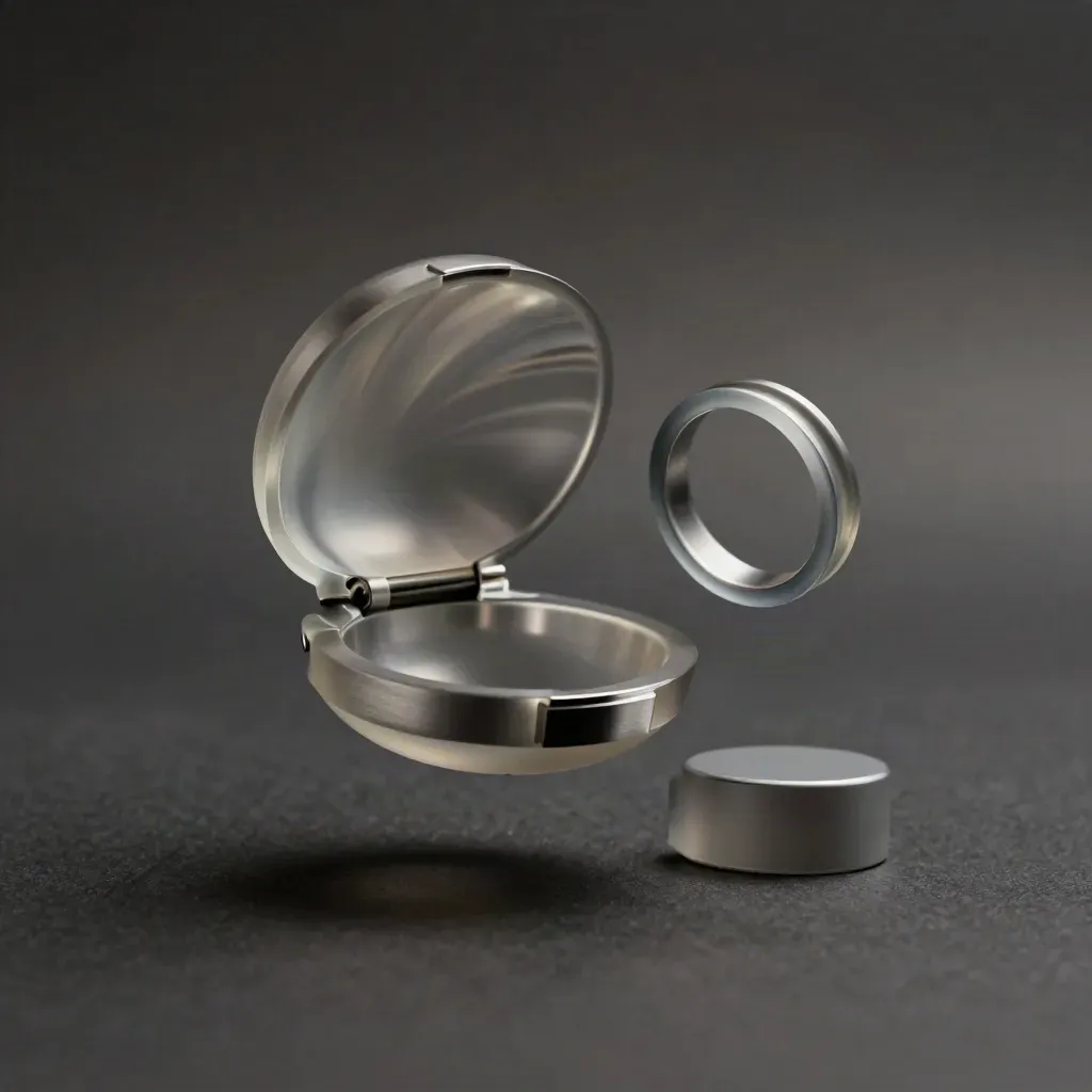 Floating translucent token swap pack shell with pods and ring on charcoal, low hero angle