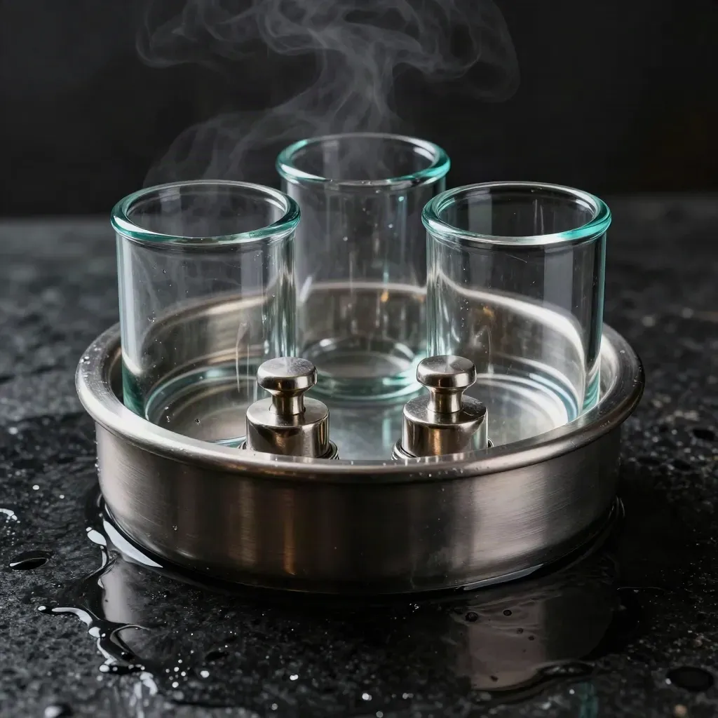 Glass liquidity pool kit on wet stone with cyan highlights and steam.