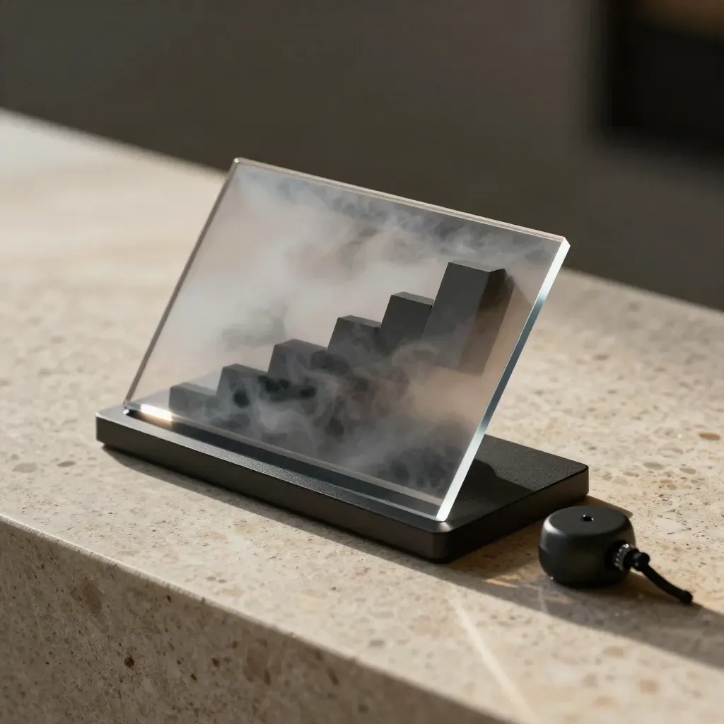 Translucent market chart panes with bars, base, index blocks and mist on stone.