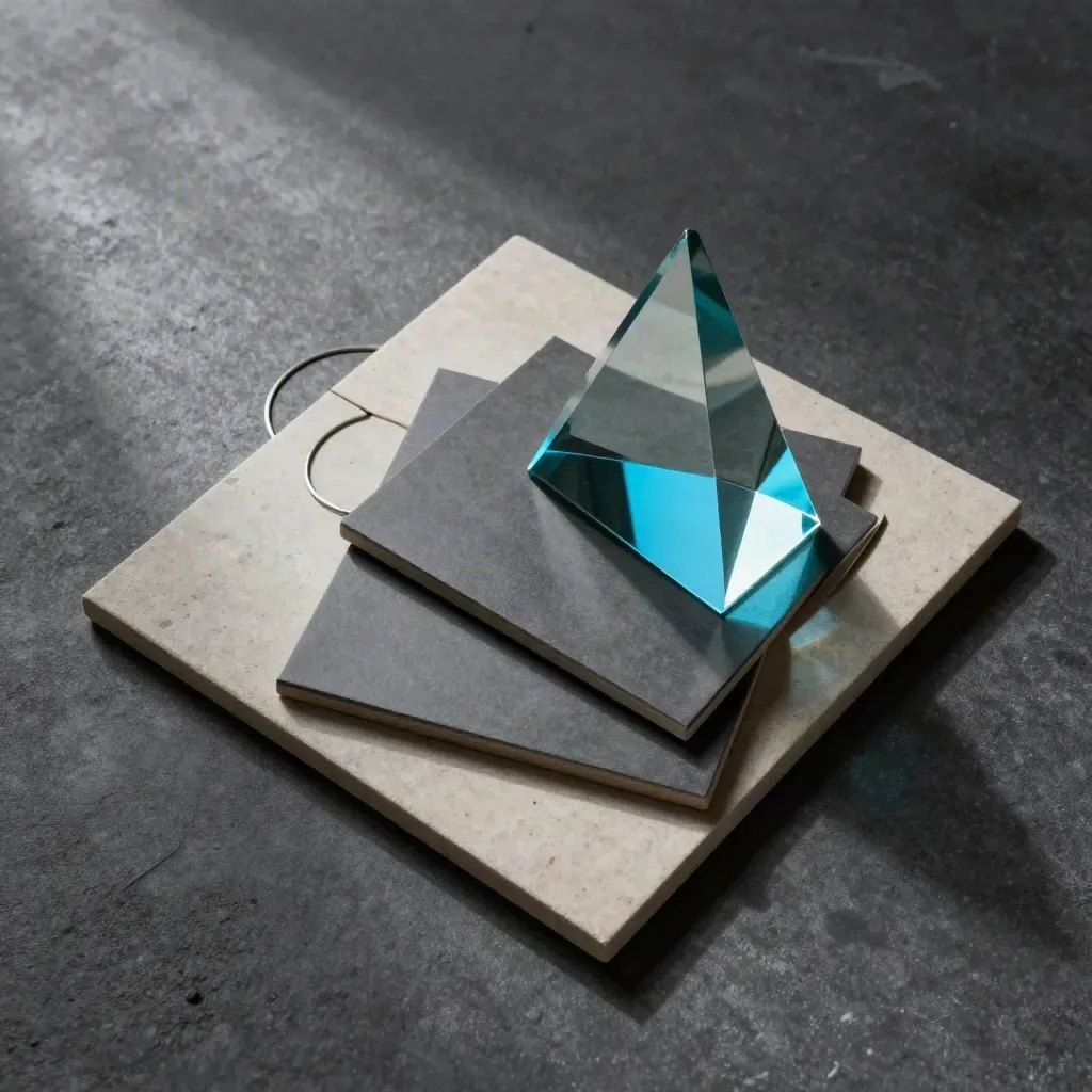 Overhead flatlay of prism, slate portfolio tiles and ringed frame on charcoal stone with cyan glint.