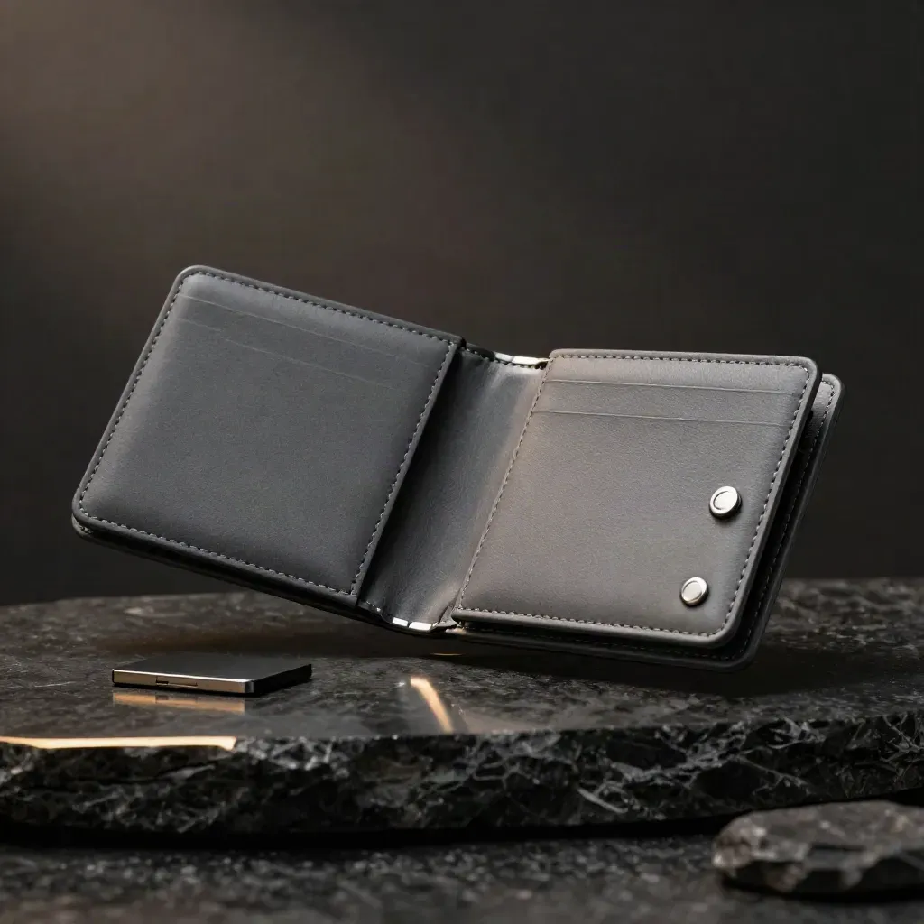 Two wallet modules linked by a bridge arc on a dark slab, dramatic studio lighting