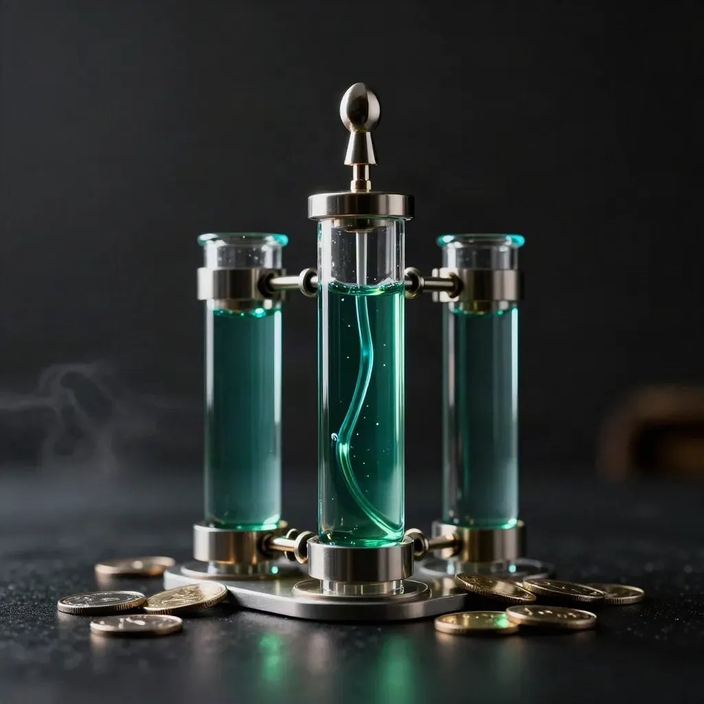 Glass liquidity pool sculpture with emerald flow, cyan edges, and metal couplers on a dark studio surface.