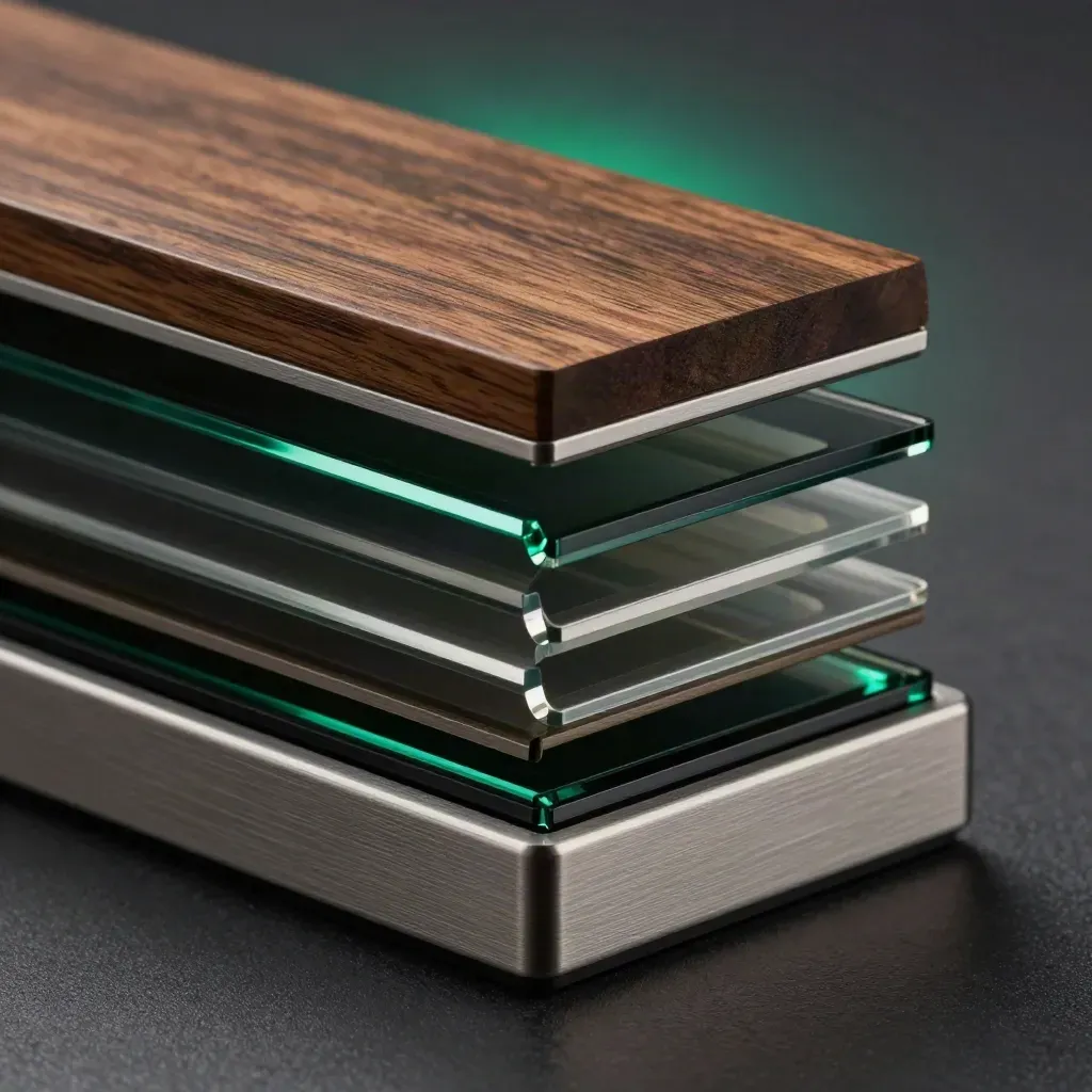 Macro of a translucent layered chart device with emerald highlight and brushed base