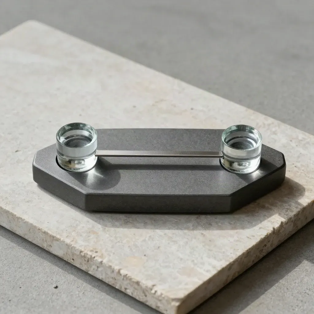 Overhead flat lay of a balancing cradle with two glass weights and an alignment bar on stone.